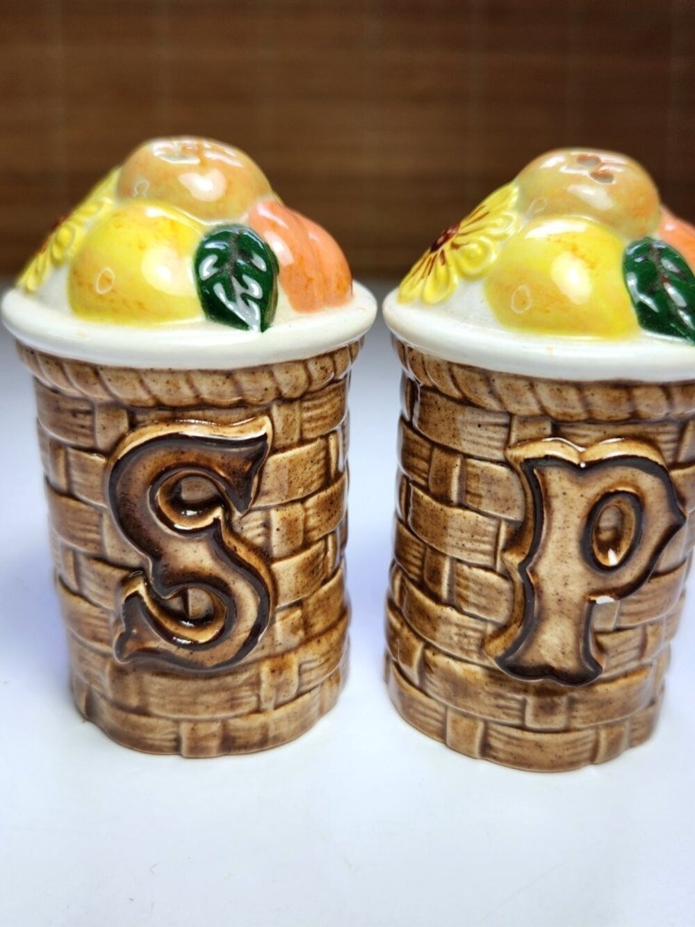 Vintage Basketweave Fruit Salt and Pepper Shakers Set Ceramic Signed EM
